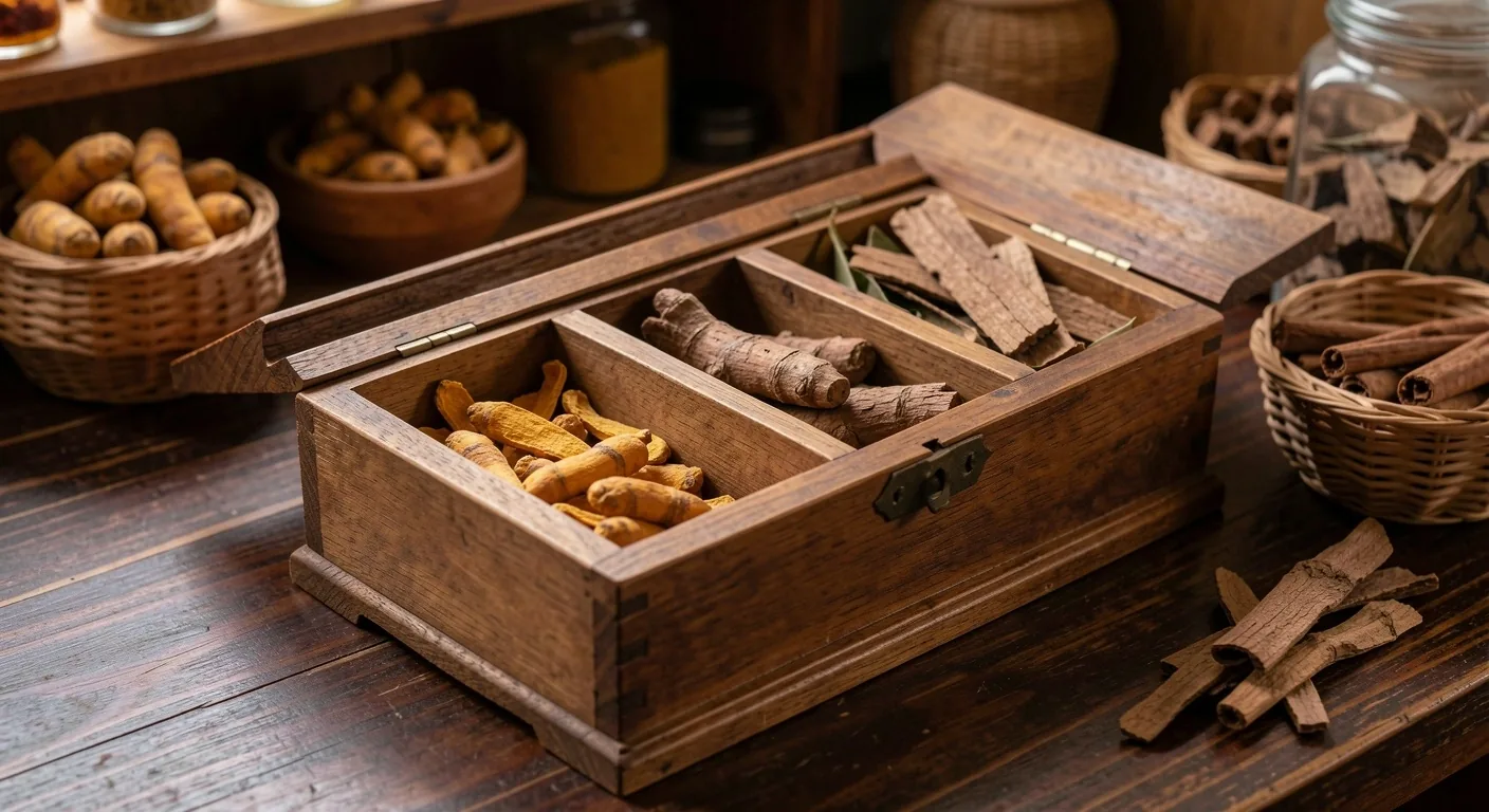 Bahan herbal tradisional Indonesia disusun di atas permukaan gelap