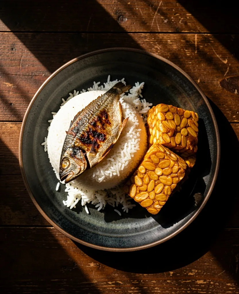 Piring makanan tradisional Indonesia dengan nasi, ikan, dan tempe