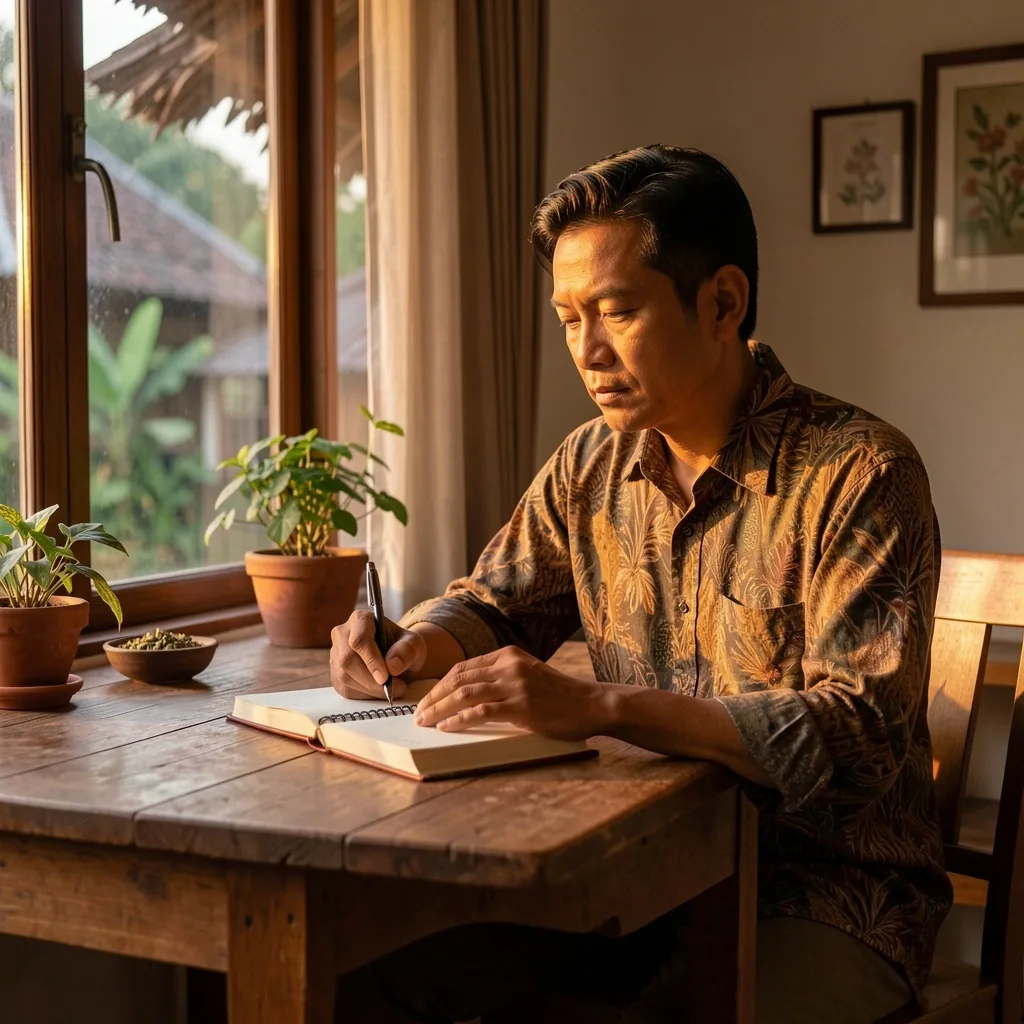 Pria usia matang merenungkan dan menulis jurnal di meja kayu