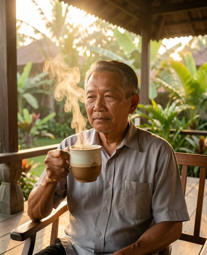 Pria Indonesia usia matang menikmati minuman herbal di pagi hari
