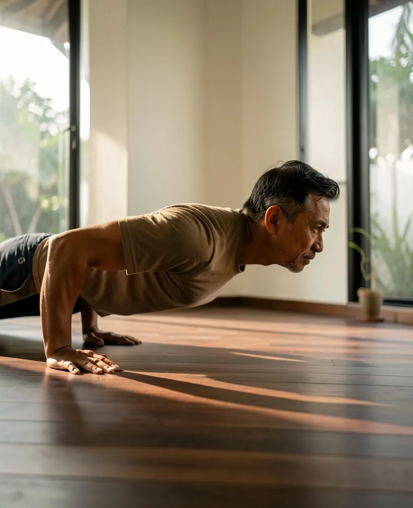 Pria usia matang melakukan latihan push-up di ruangan minimalis
