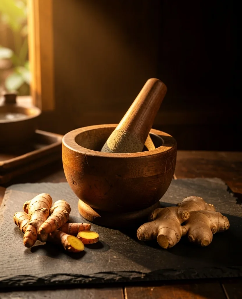 Ruang kerja herbal tradisional Bali dengan lumpang kayu, kunyit, dan jahe