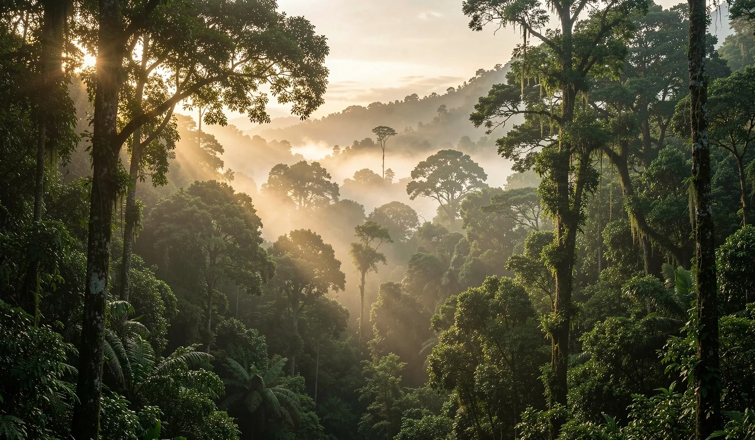 Hutan pegunungan Indonesia berkabut saat fajar