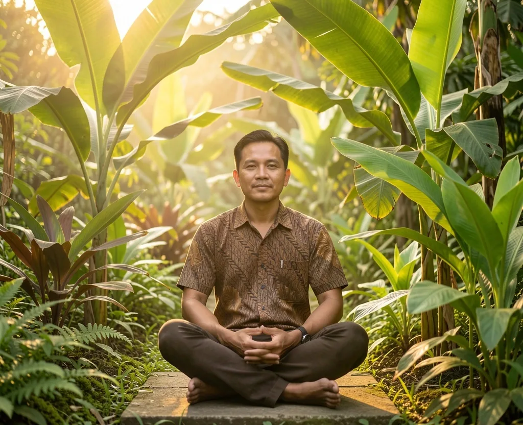 Pria usia empat puluhan duduk tenang di kebun herbal tradisional saat fajar