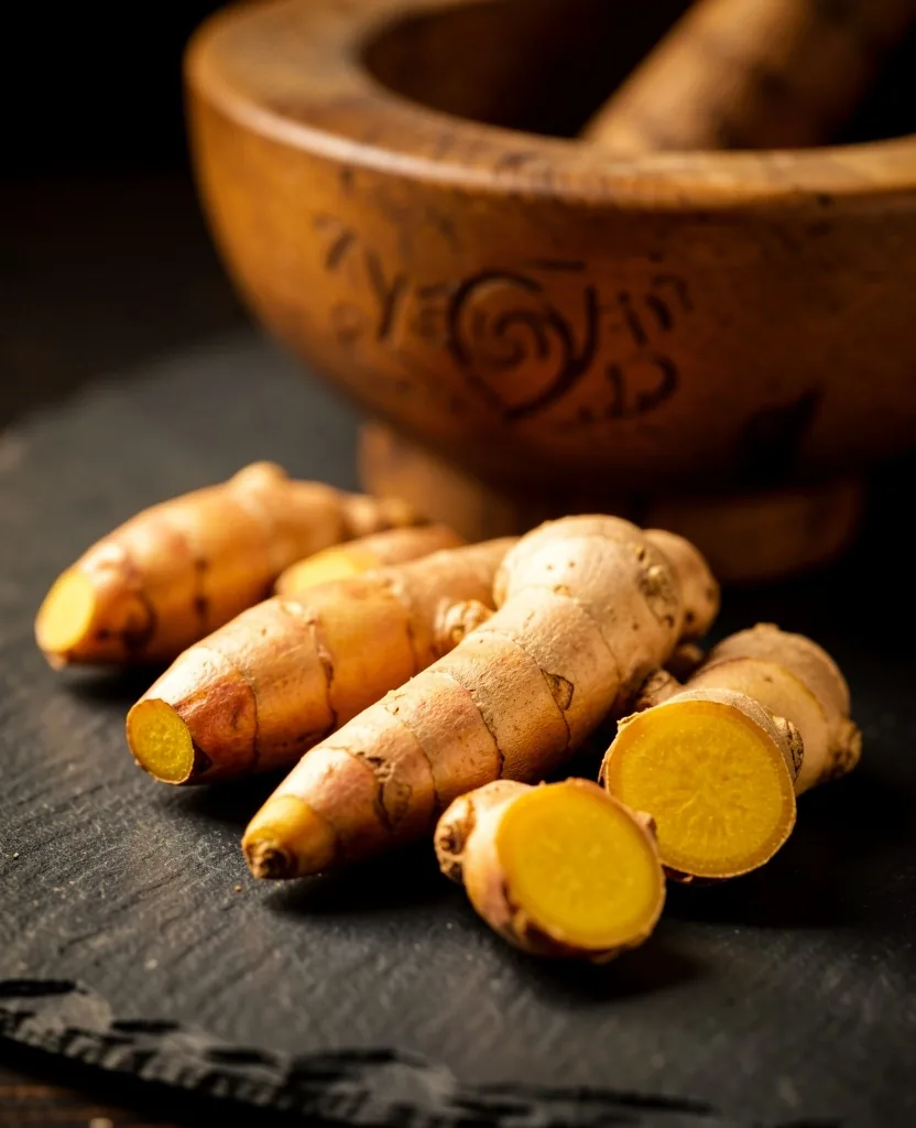 Tanaman herbal tradisional Indonesia berupa kunyit dan jahe di atas batu gelap