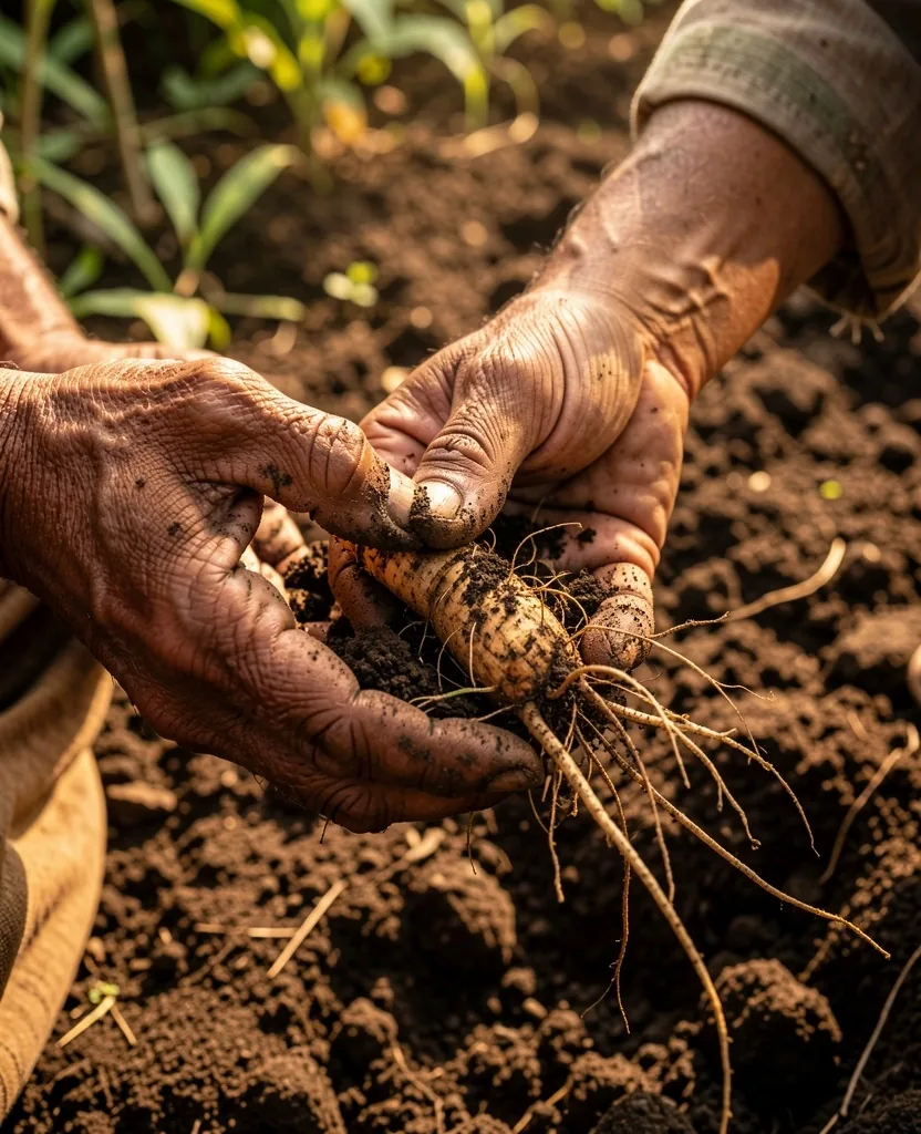 Tangan petani herbal tradisional Indonesia memegang akar pasak bumi yang baru dipanen