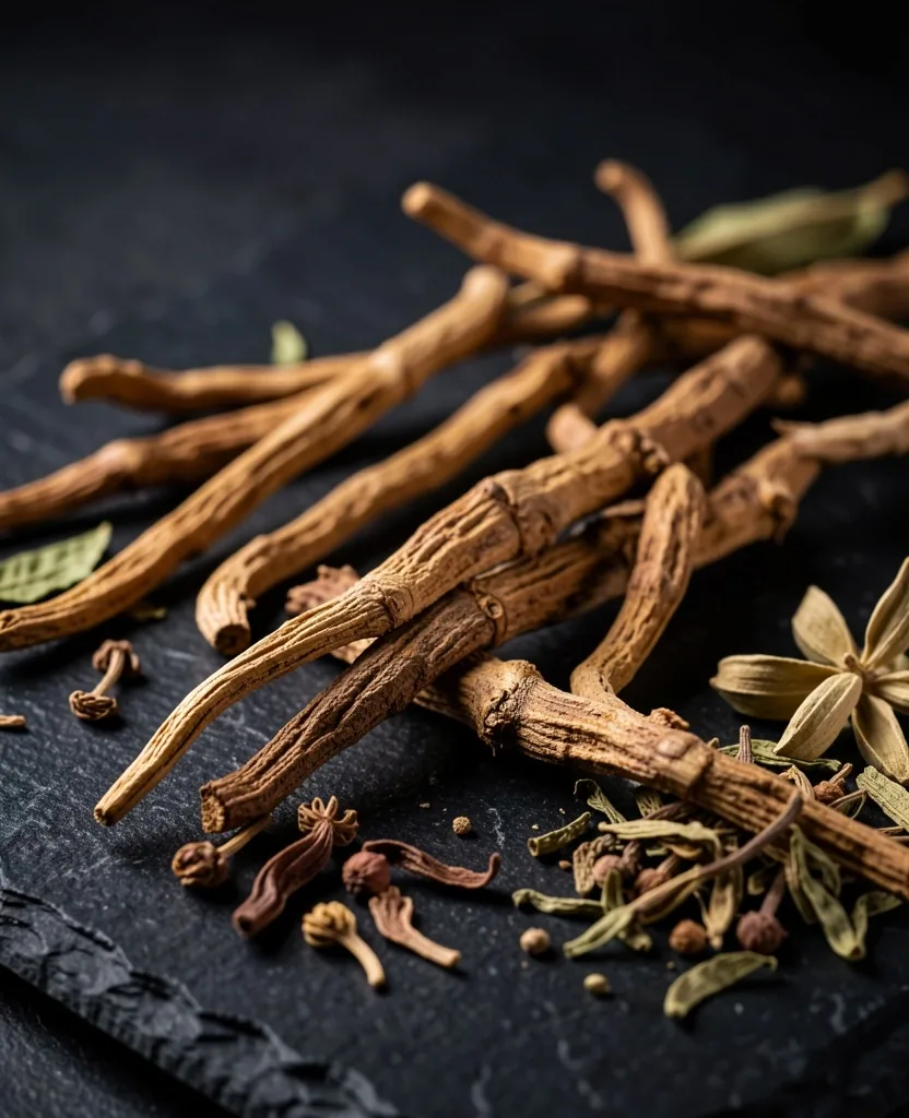 Bahan herbal tradisional Indonesia di atas permukaan gelap